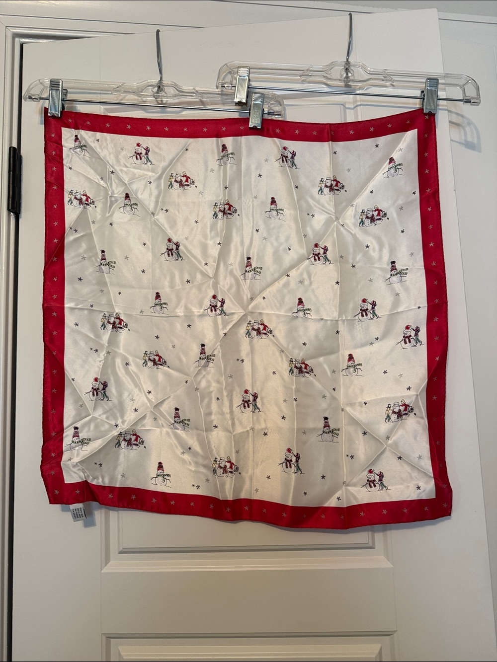 Talbots Ivory Holiday Snowman Border Silk Scarf with Red Trim
